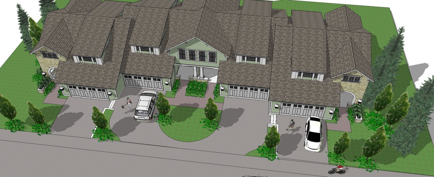 Render aéreo de un edificio de casas adosadas en Grigsby Park