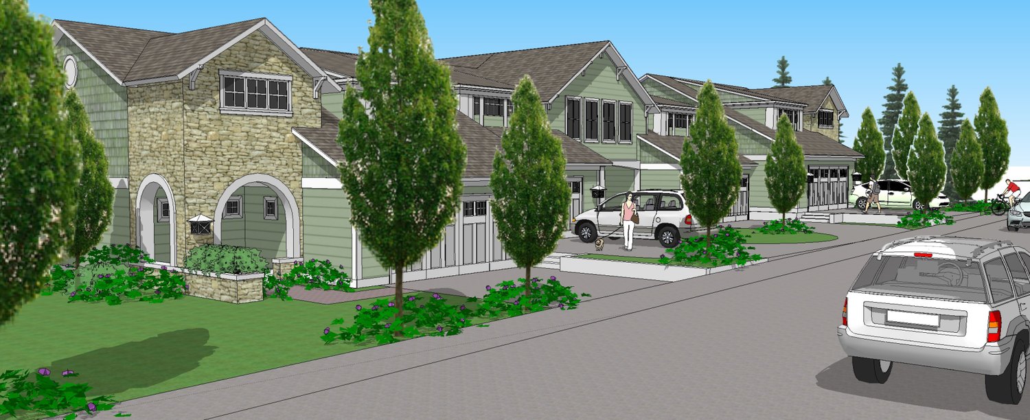 Render de vista de calle de las casas adosadas de Grigsby Park